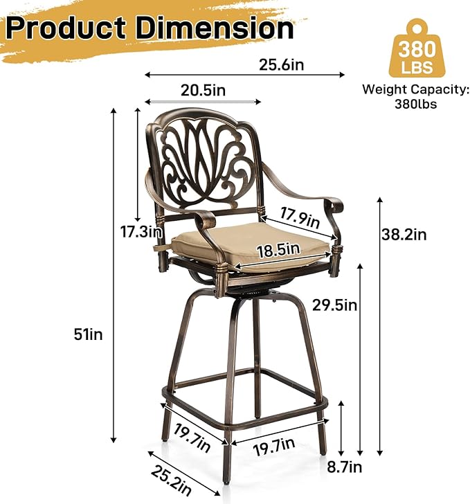VINGLI Outdoor Swivel Bar Stools Set of 2, Cast Aluminum Patio Bar Height Chairs - Image 3