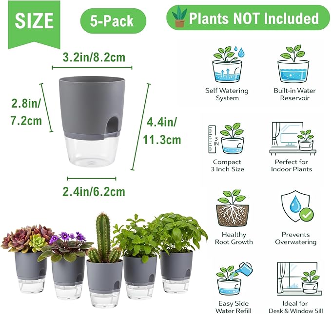 3.2 Inch Self Watering Planters Plastic Planter Pots 5 Pack Wicking Flower Pots - Image 2