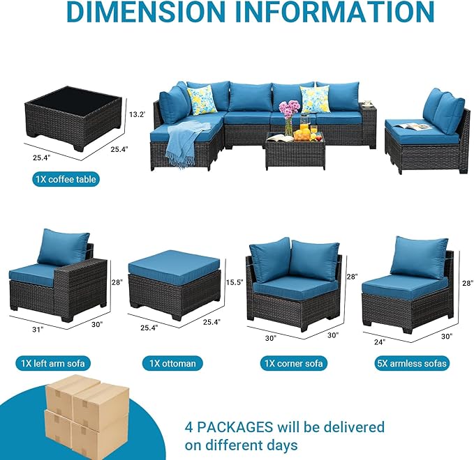 Jing's Villa 9-Piece Patio Furniture Set, All-Weather Outdoor Wicker Sectional - Image 7