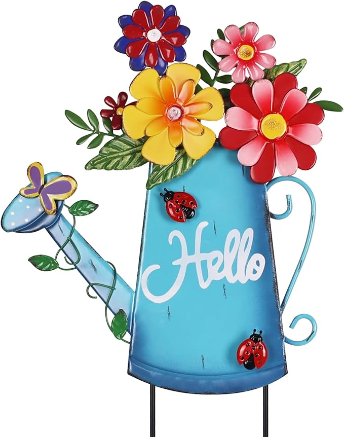 hogardeck Garden Decor for Outside, Metal Watering Can Decorative Garden Stakes by HOGARDECK