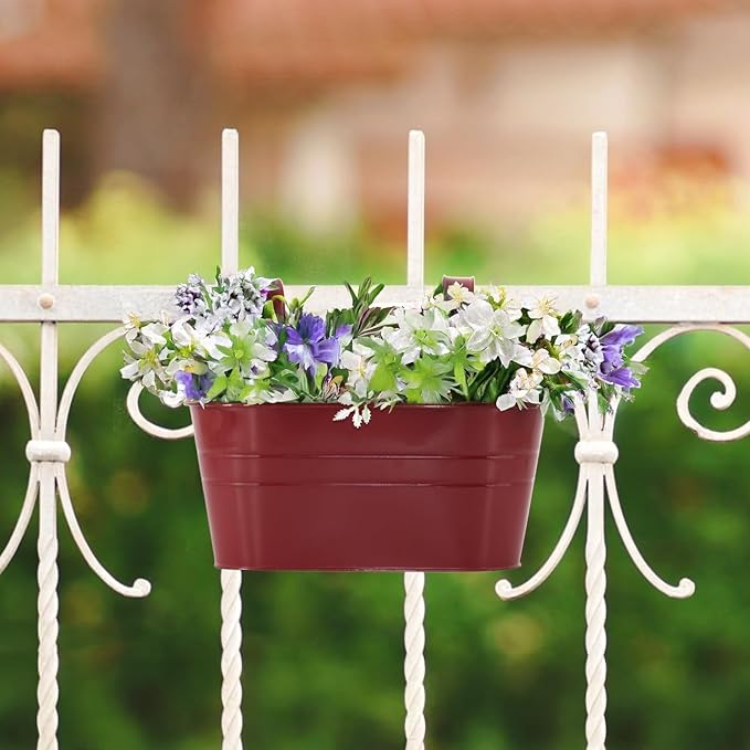 3 Pack Metal Railing Planters, 10.5" Oval Hanging Flower Pots - Image 3