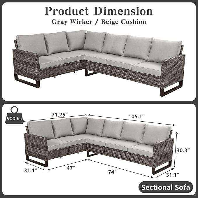 Belord Outdoor Sectional Sofa 6 Seater L Shaped Couch Wicker Patio Conversation - Image 2