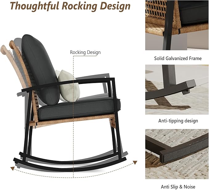 3 Piece Patio Rocking Chairs Set of 2, Outdoor Rocking Chair Bistro Set - Image 4