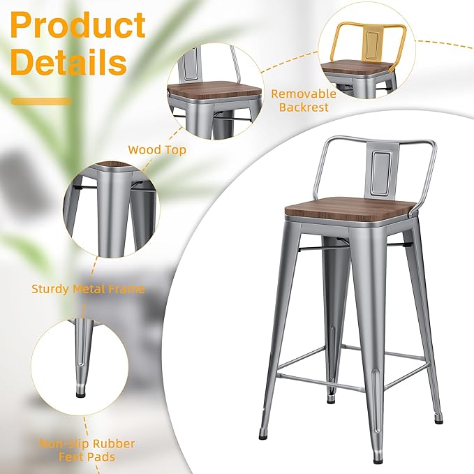 Yongchuang 26" Metal Barstools Set of 4 Low Back Bar Stool Counter Height Bar - Image 5