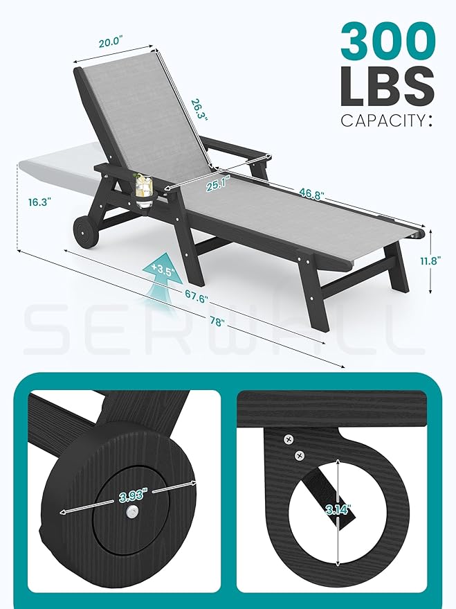 SERWALL Patio Chaise Lounge Chair, 5 Positions Outdoor Lounger - Image 3