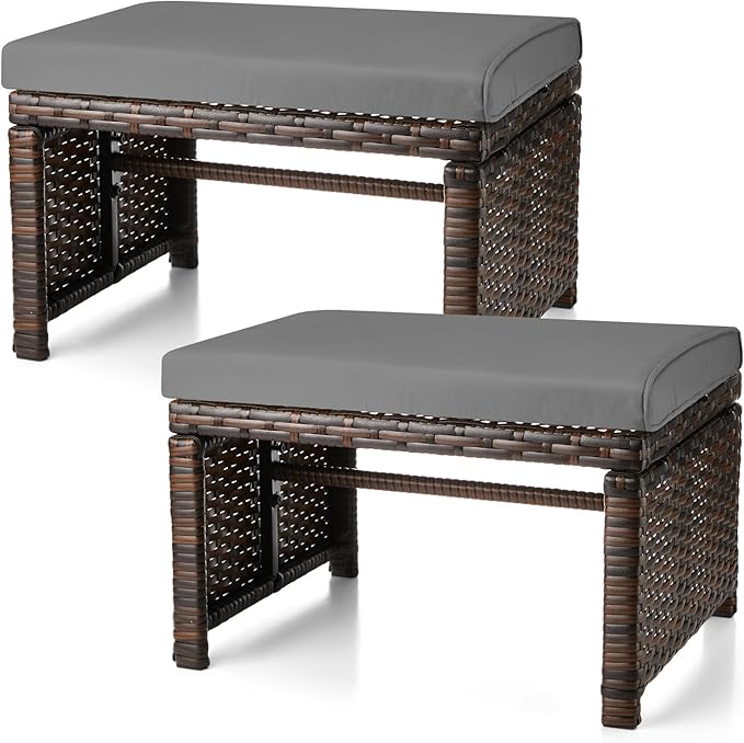 2 Pcs Patio Rattan Ottomans Outdoor Wicker Ottomans Patio Footstool Footrest by Beeveer