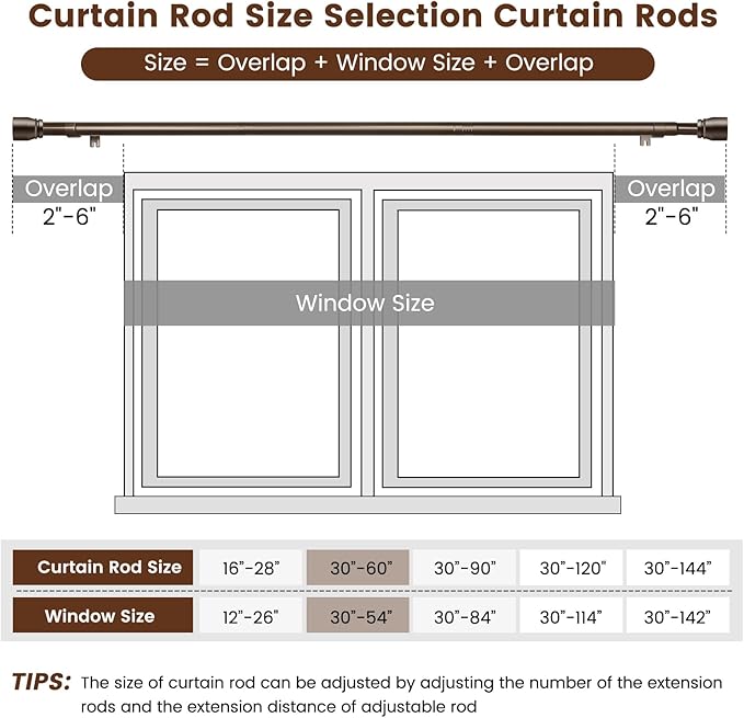 2 PACK 1” Diameter brown curtain rod Itself is 30 to 60 inch. 1 Pack Fits 30-54 - Image 3