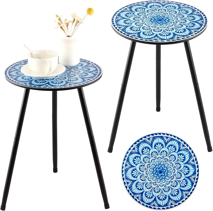 2 Packs Metal Mosaic Round Side Tables 13.4" Small Outdoor Patio Round Accent by PartyZealot