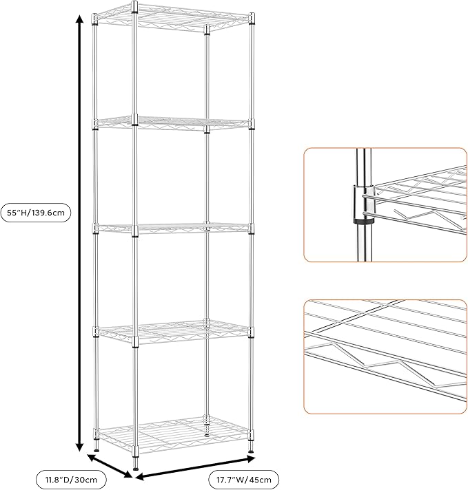 5 Tiers Shelf Metal Storage Shelves Wire Rack Closet Organizers - Image 3
