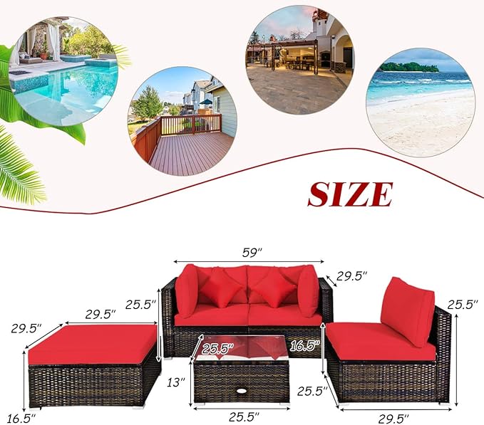 Tangkula 5 Pieces Patio Rattan Furniture Set, Outdoor Sectional Rattan Sofa Set - Image 5