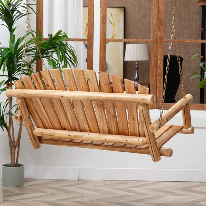 Outdoor Porch Swing Front Porch Hanging Wooden Bench Swing 2 Seat Chair - Image 3
