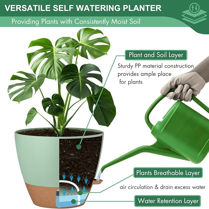 montresor 2 Pack 10 inch Plant Pots, PP Plastic Self Watering Planter - Image 7