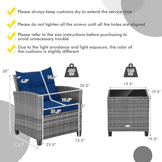 Tangkula 3 Pieces Patio Furniture Set, Outdoor PE Rattan Conversation Chair Set - Image 9