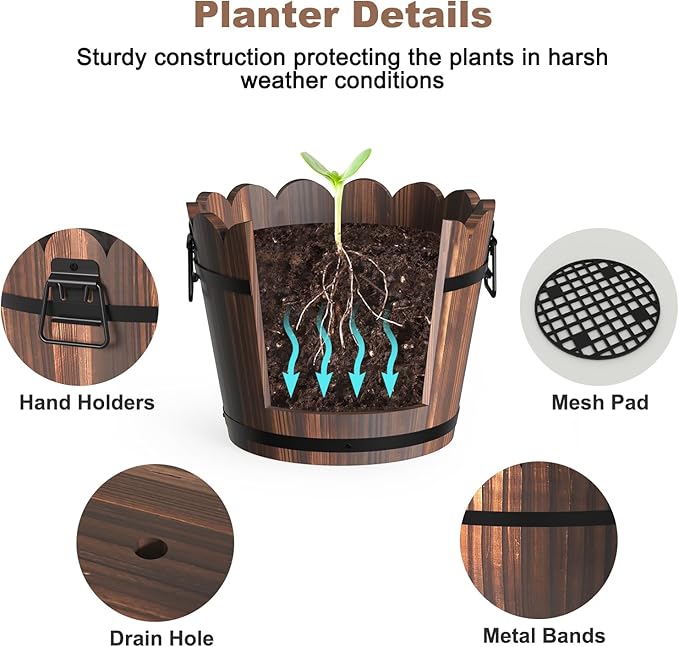 Wooden Bucket Barrel Planters, Rustic Patio Planters Flower Pots - Image 4