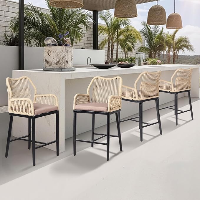 VINGLI Outdoor Counter Height Bar Stools Set of 4, Rattan Outdoor Barstools - Image 6