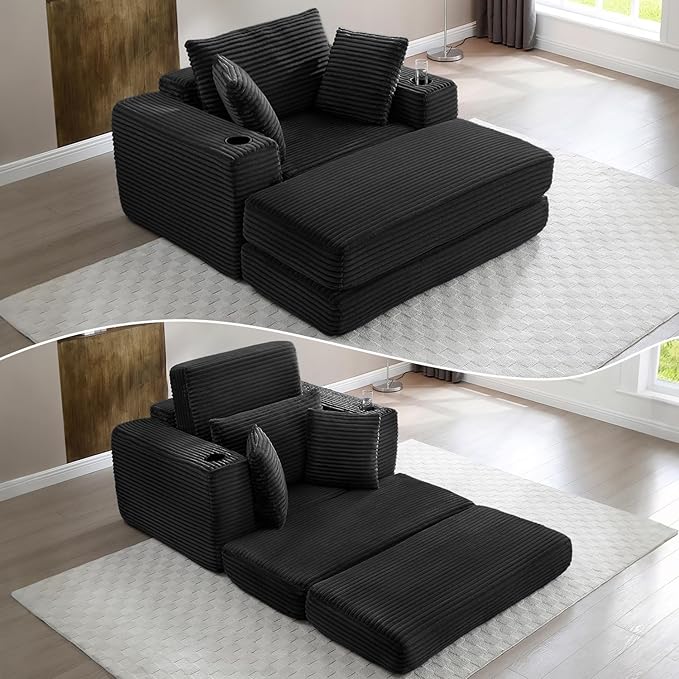 HANXIN 62" Chaise Lounge Chair Indoor, Oversized Corduroy Boneless Convertible by HANXIN