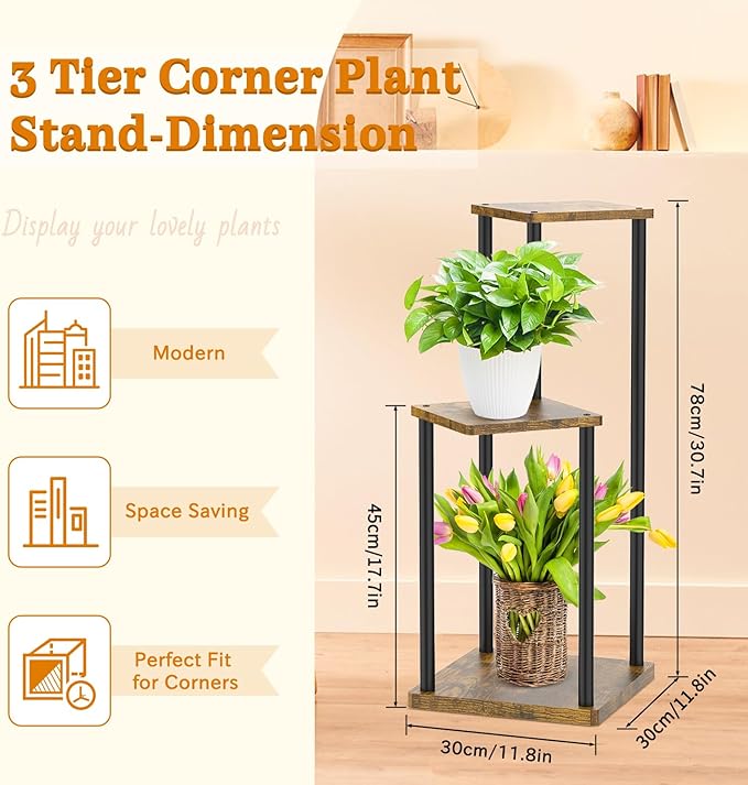 3 Tier Corner Plant Stand Indoor, Metal Wood Flower Pot Holder Shelf, Modern - Image 2
