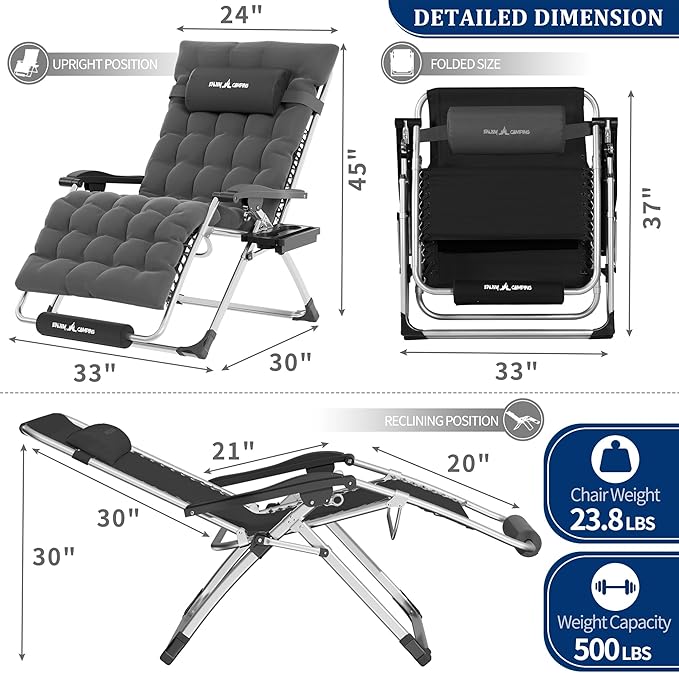 UDPATIO Oversized Zero Gravity Chair, 33In XXL Patio Reclining Chair - Image 3