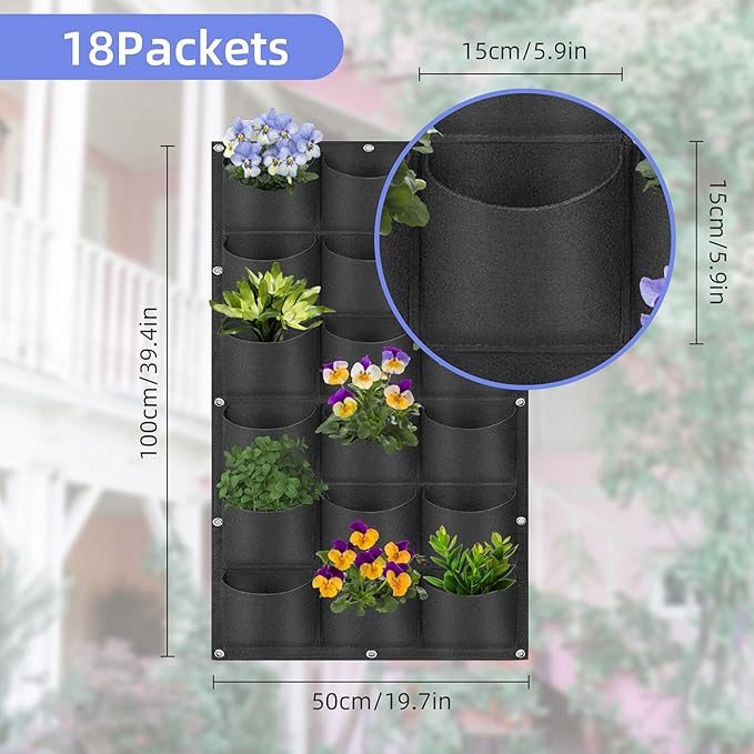 18 Pockets Hanging Planter Bags, Hanging Vertical Wall Mounted Plant Planting - Image 3