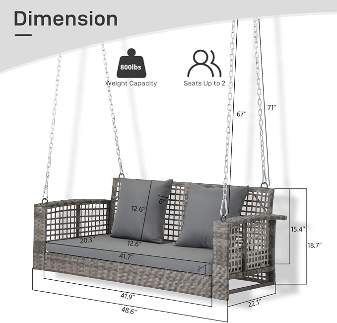 Outvita Porch Swing, 4FT Hanging Outdoor Porch Swings - Image 3