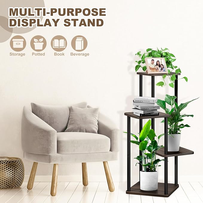 4 Tier Plant Stand Indoor, Thickened Metal Wood Corner Plant Shelf Stands - Image 3