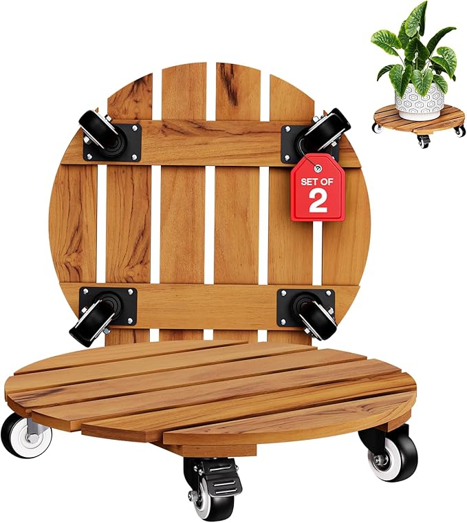 Idzo 2-Pack 14 Inch Acacia Wood Rolling Round Plant Caddy, Plant Caster by Idzo