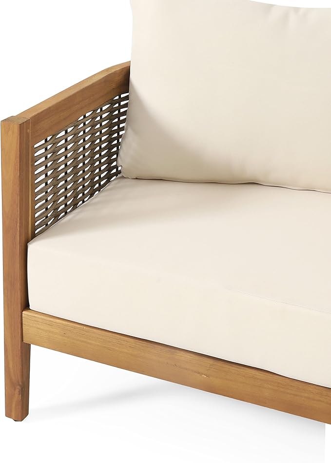 Merax 76.5" Outdoor Acacia Wood Wicker 3 Seater Sofa, Patio Furniture Couch - Image 10