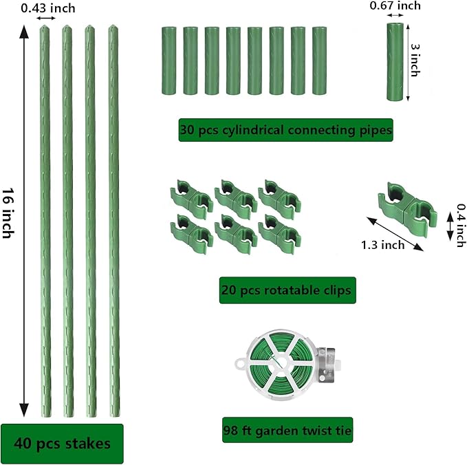 Garden Stakes Kit, 40 Sets 16 inch 0.43" in Diameter Steel Plant Stick Support - Image 2