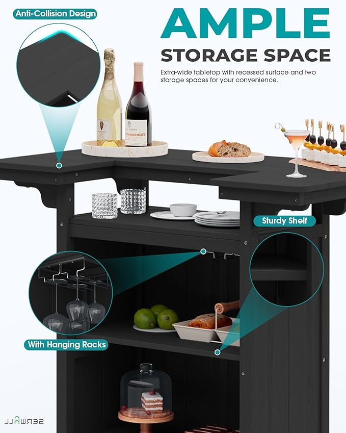 SERWALL Outdoor Bar Table Set – HDPE Black Patio Bar Cabinet - Image 4