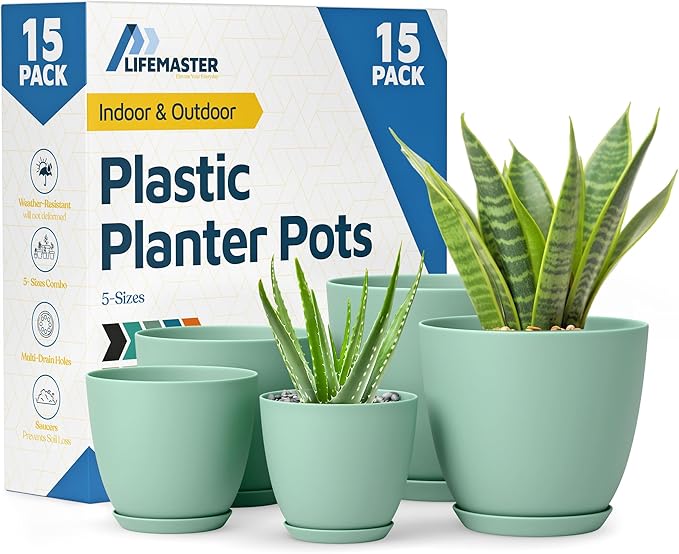 Mint Plant Pots with Drainage Holes & Saucers 15 Pack, Indoor & Outdoor by LIFEMASTER