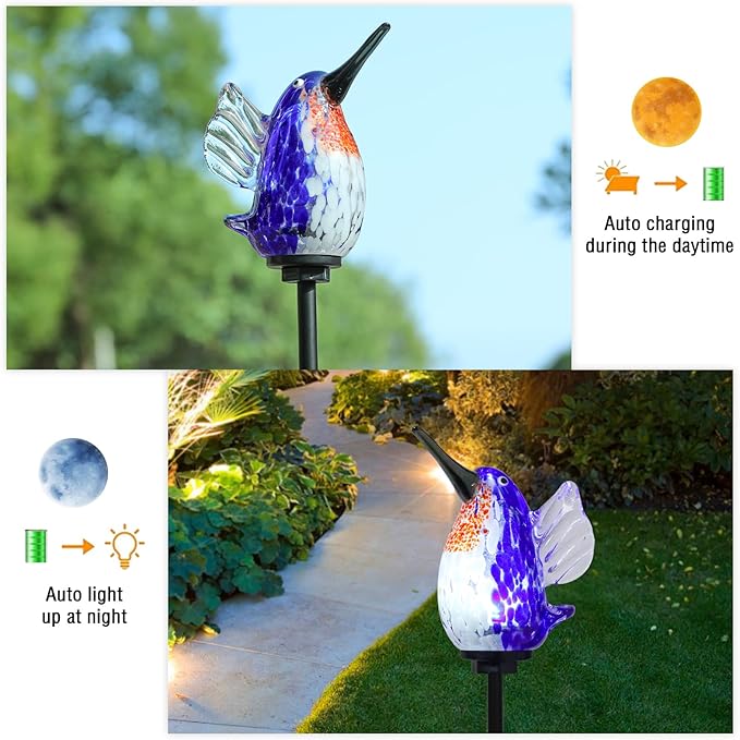 Bshine Solar Garden Decoration Outdoor Hummingbird Lights Stake, Hand Blown - Image 3