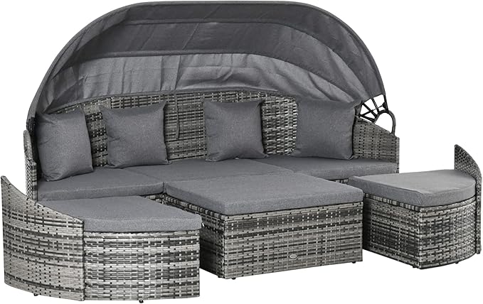 Outsunny 4-Piece Outdoor Rattan Furniture Set, Round Convertible Patio Daybed by Outsunny