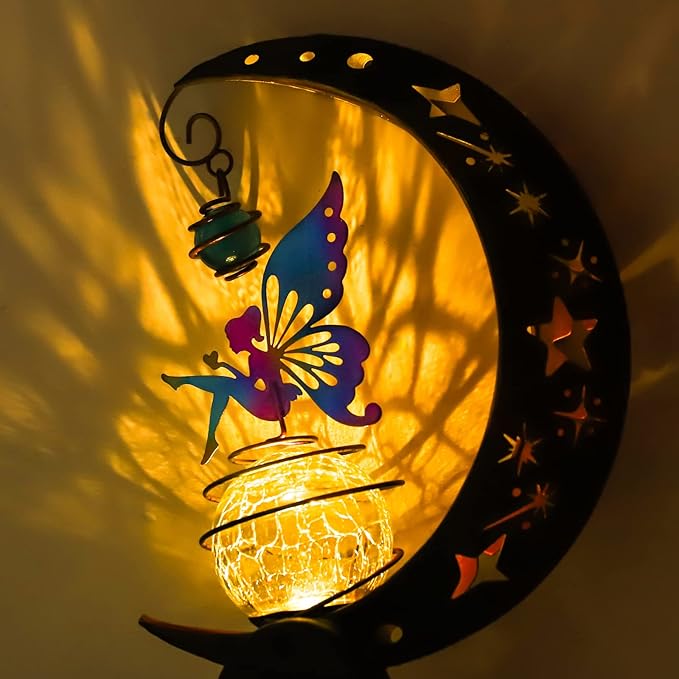 Solar Fairy Garden Light Decor, Moon Fairy Stake Lights, Crackle Glass Globe - Image 2