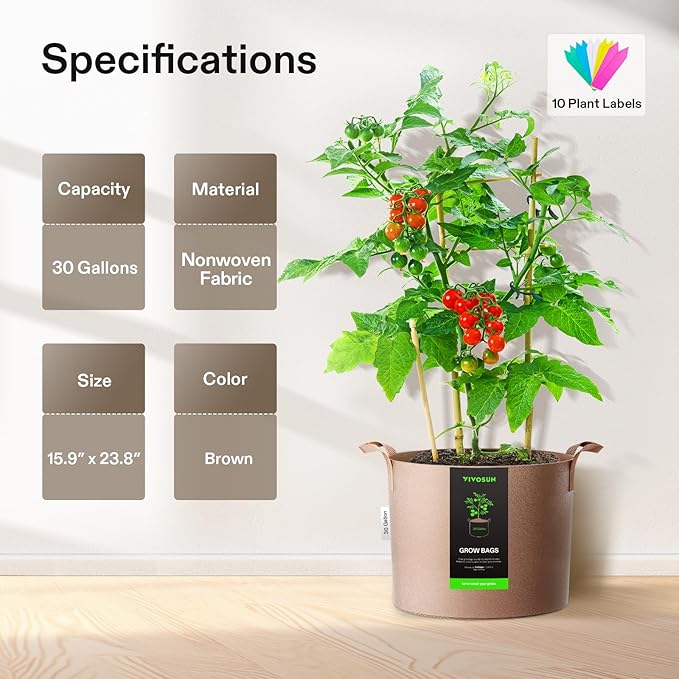 VIVOSUN 5-Pack 30 Gallons Grow Bags Heavy Duty Thickened Nonwoven Fabric Pots - Image 2