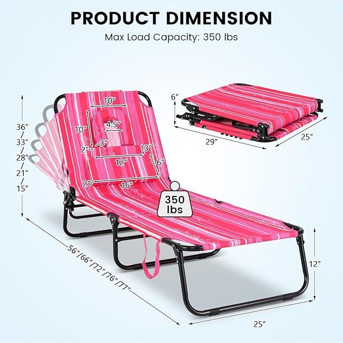 GYMAX Tanning Chair, 350lbs Beach Lounge Chair - Image 3
