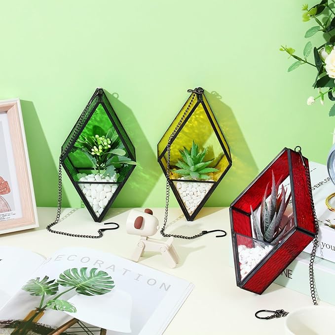 Yaomiao 3 Pcs Stained Glass Hanging Plant Terrariums Hanging Glass Planter - Image 3