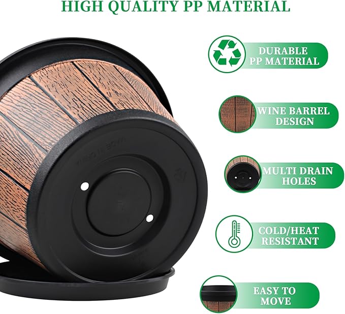 Quarut Large 4 Pack 16 inch Plant Pots, Whiskey Barrel Planters - Image 3