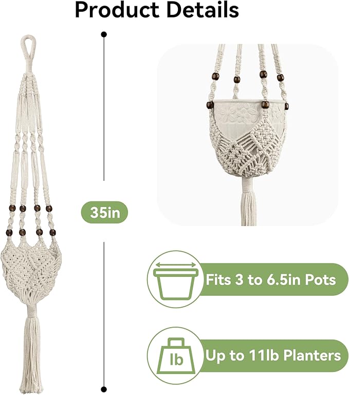 USLAI Macrame Plant Hanger Indoor Outdoor, Fits 3 to 6.5 inch Pots, Hanging - Image 3