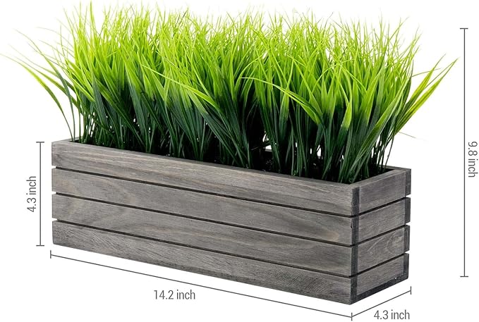 MyGift 14 Inch Artificial Green Grass Plant in Vintage Gray Wood Planter Window - Image 5