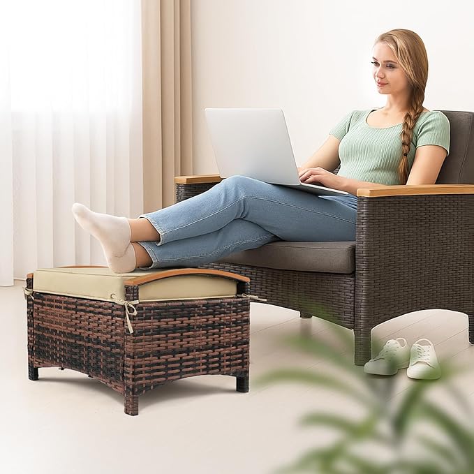 VINGLI Wicker Outdoor Ottoman Set of 2, All Weather PE Rattan Footstool - Image 7