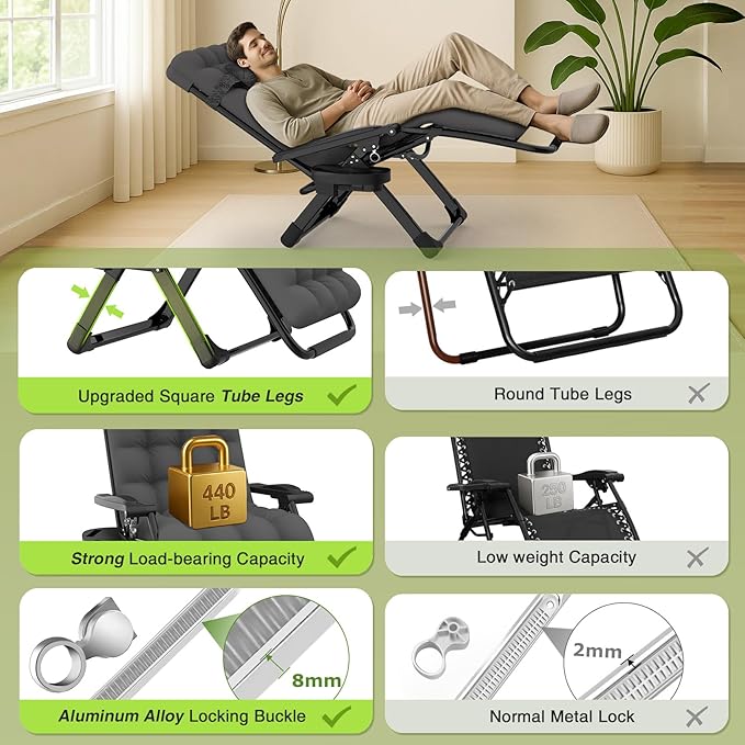 Suteck Zero Gravity Chair, Reclining Camping Lounge Chair w/Removable Cushion - Image 8