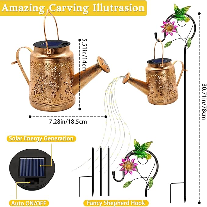 Solar Lanterns Outdoor Waterproof, Hummingbird Watering Can Garden Decor - Image 2