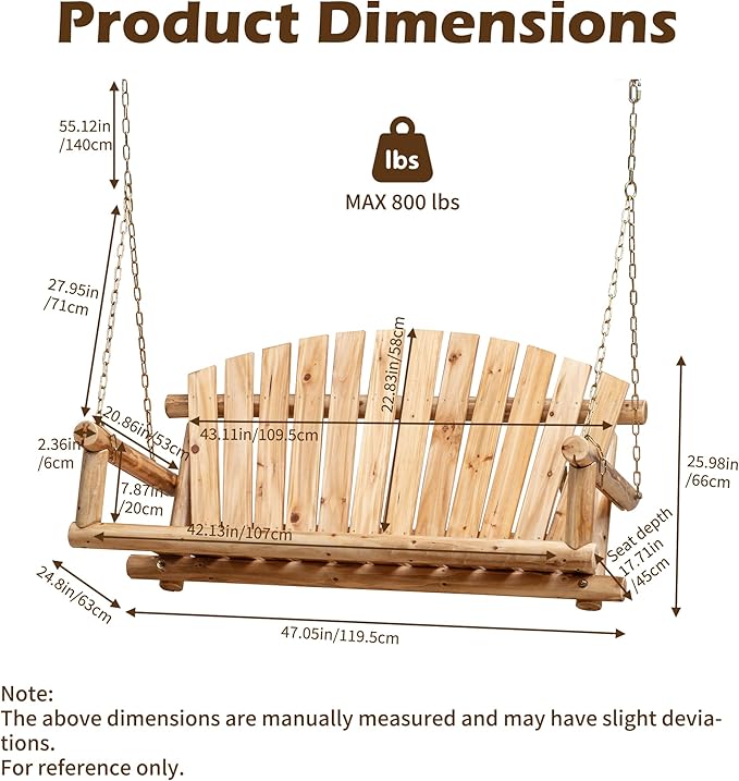 Outdoor Porch Swing Front Porch Hanging Wooden Bench Swing 2 Seat Chair - Image 8