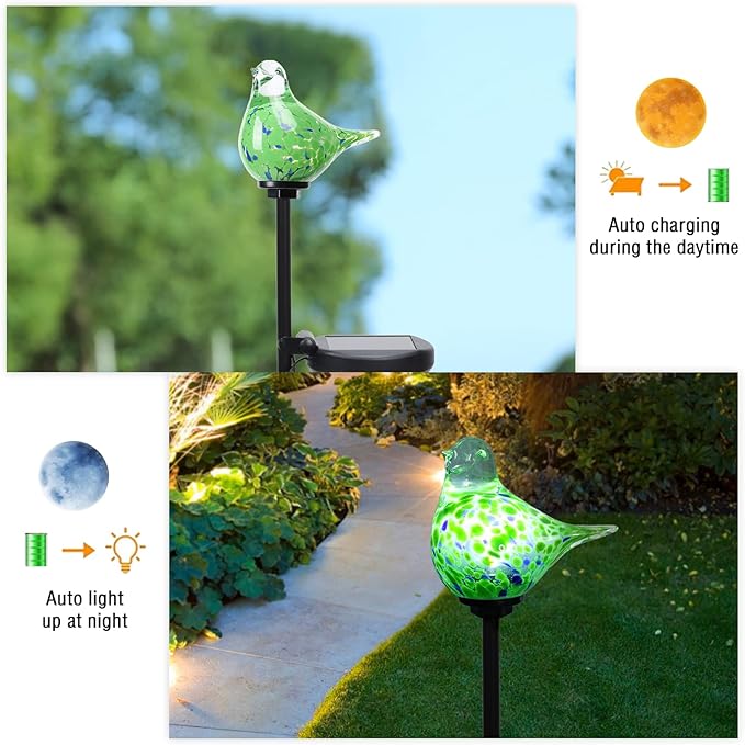Bshine Solar Garden Decoration Outdoor Green Bird Lights, 2 Pack Hand Blown - Image 3