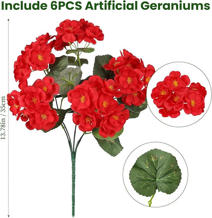 Artificial Flowers for Outdoors, 6 Bundles Realistic Silk Fake Red Geraniums - Image 2