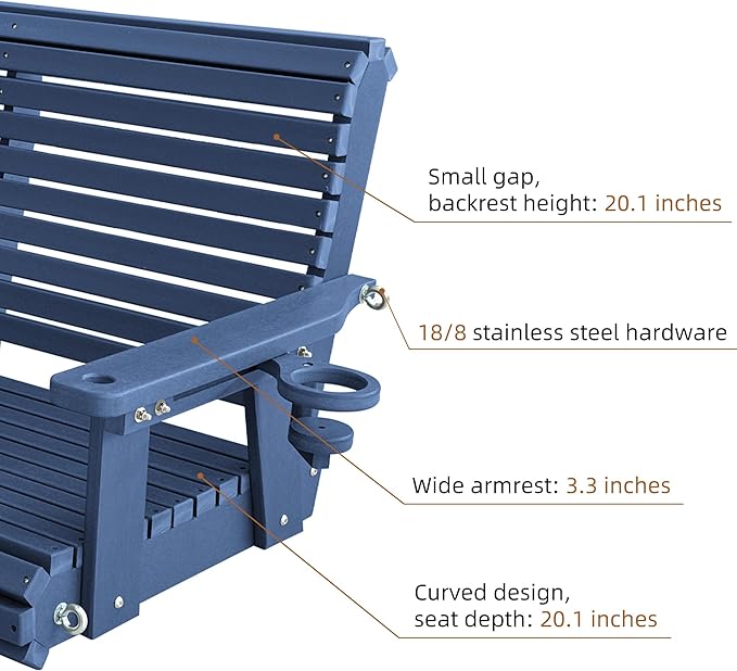 HDPE Porch Swing with 18/8 Stainless Steel Bolts, Ergonomic Design, Ultra - Image 4
