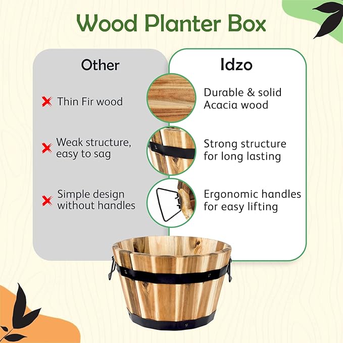 Idzo Set of 3 Wooden Flower Boxes Outdoor, Durable Acacia Wood Barrel Planters - Image 3
