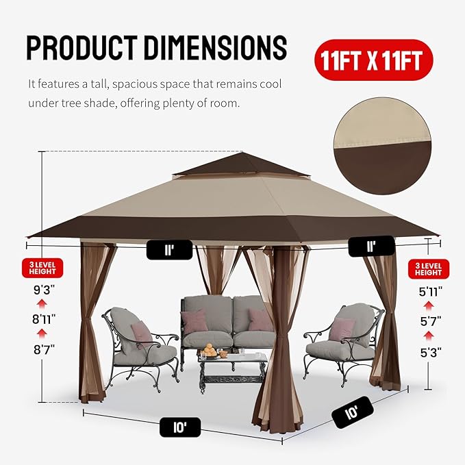 CROWN SHADES 11x11 Pop Up Gazebo, Patented One Push Outoor Canopy Tent - Image 6
