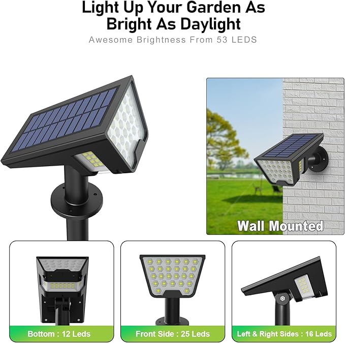 Solar Spot Lights Outdoor IP65 Waterproof, 53 LEDs Solar Powered Garden Yard - Image 4