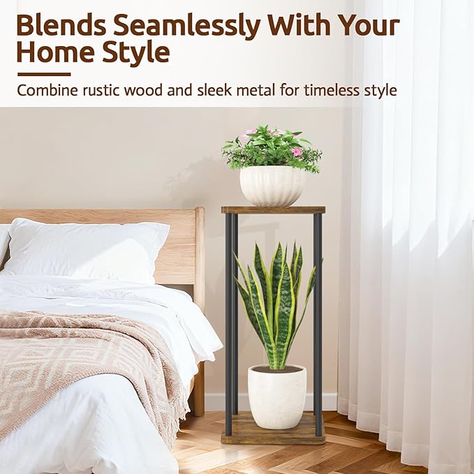 2 Tier Plant Stand Indoor, Oppro 28In Tall Corner Vertical Wood Metal Shelf - Image 6